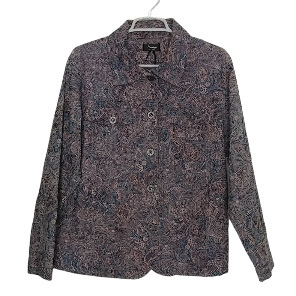 Analogy Jacket Blazer Women's Size 1X Button Front Paisley Blue &‎ Cream